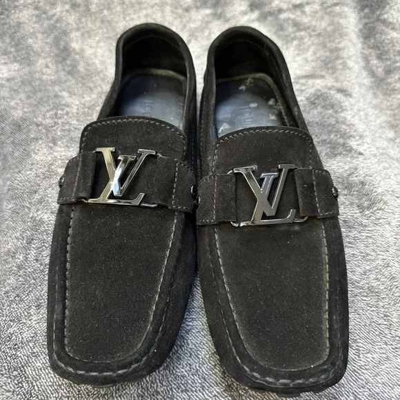 Louis Vuitton Suede Driving Loafers Men's 6.5 Black LV Hardware Made Italy - Picture 3 of 16